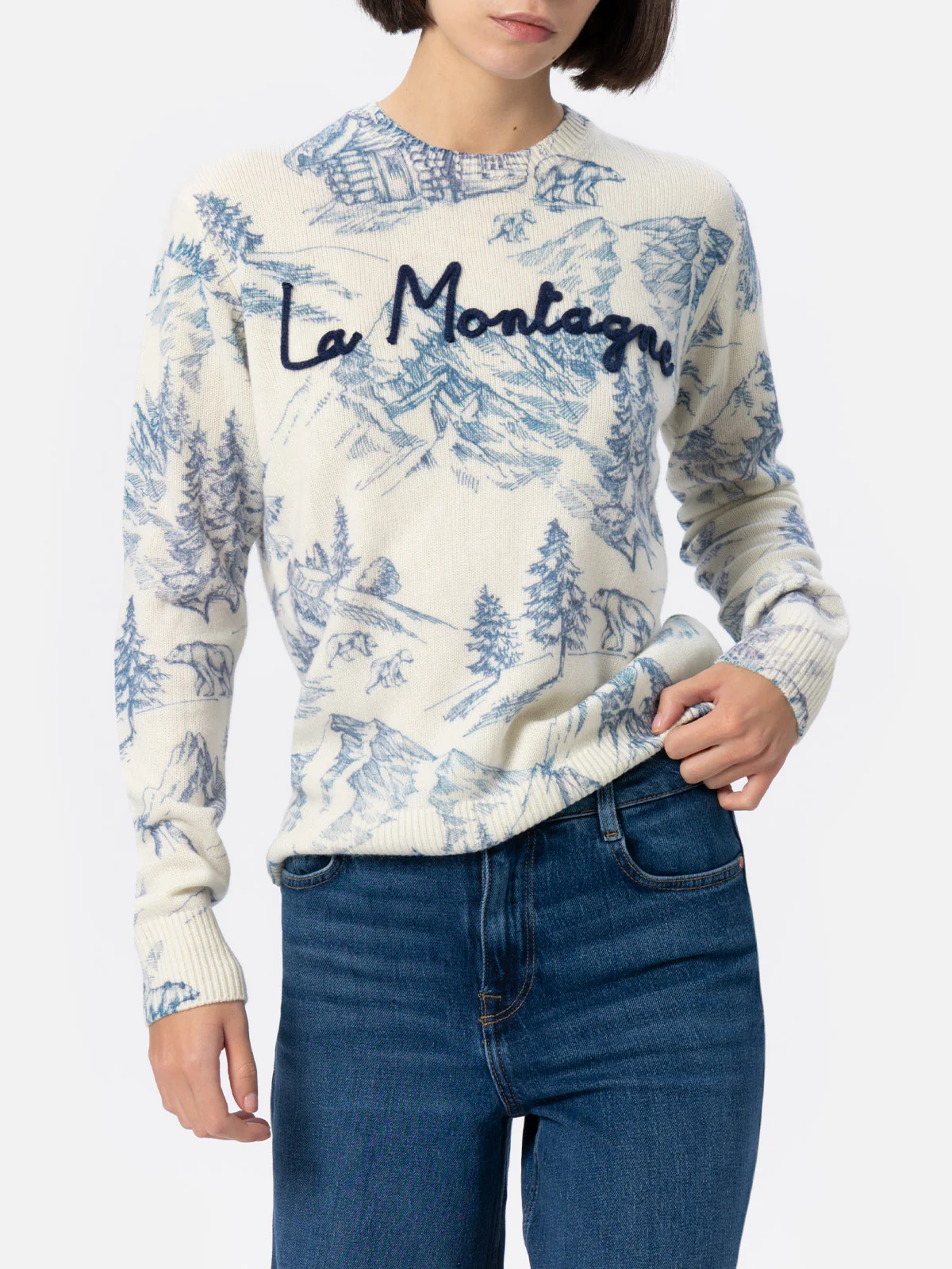 Maglione bianco da donna New Queen con stampa toile de jouy e ricamo L