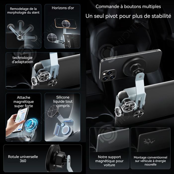INN Support telephone voiture 15.9x6.8cm support voiture grand écran avec anneau d'aspiration magnétique réglage rotatif et télescop