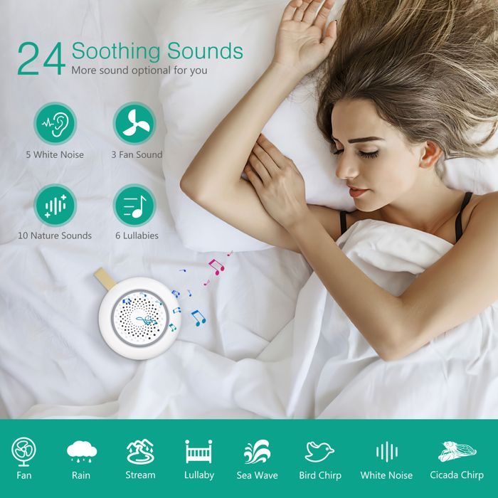 Máquina de Ruído Branco com Luz Noturna, 30 Sons Relaxantes, 3 Níveis de Luz Noturna, Controle de Volume, Temporizador