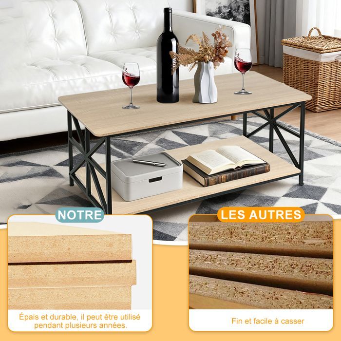Mini table basse, table basse à double rangement, table de loisirs, 100*52*47,5 cm, marron clair + structure noire.
