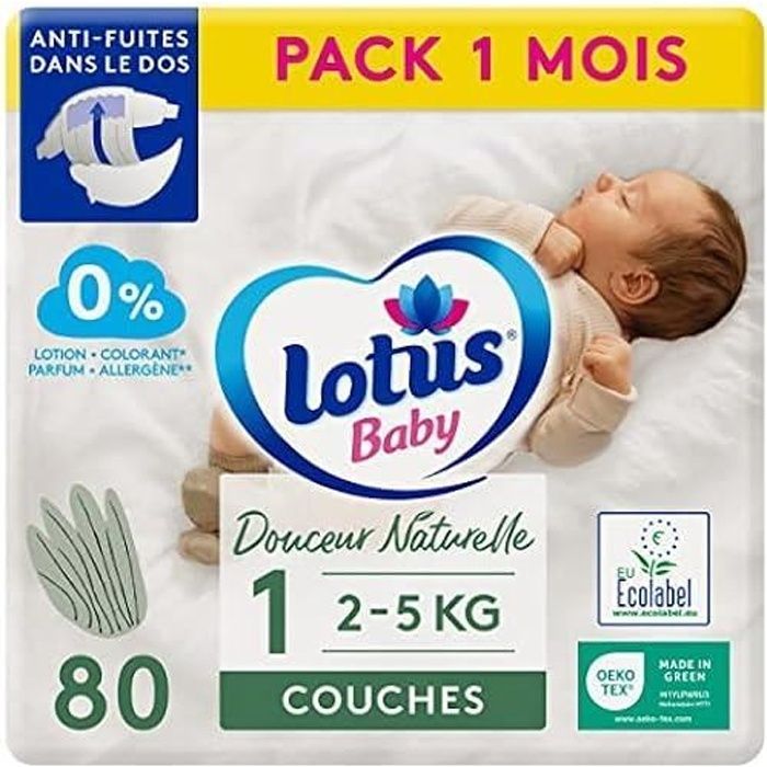 Lotus Baby Douceur Naturelle - Couches Taille 1 (2-5 kg-Nouveau-né) Pack 1 mois - 80 couches