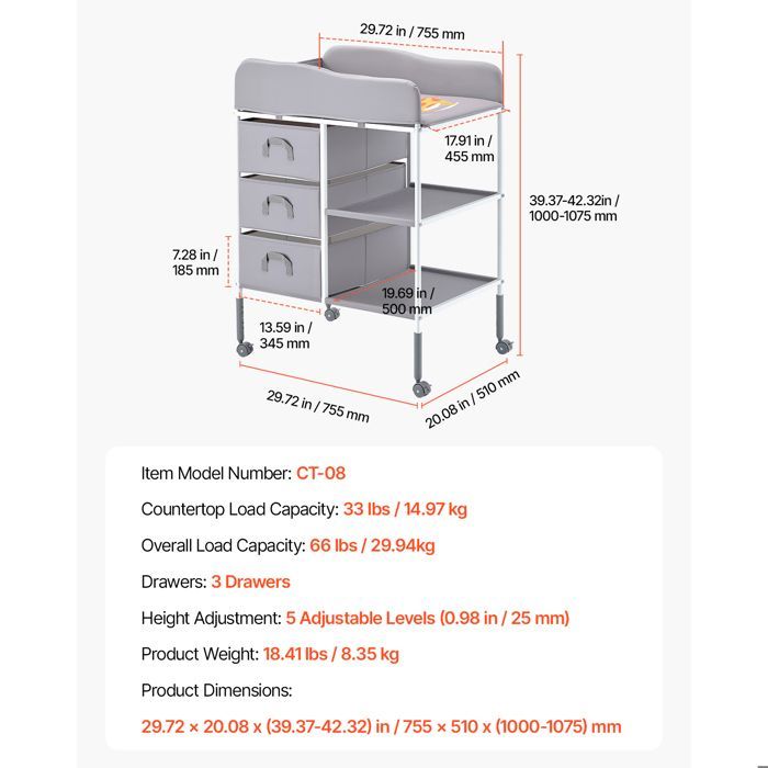 Fasciatoio portatile Duoku - 3 cassetti in tessuto e rotelle bloccabili - Mobile multifunzionale - Grigio