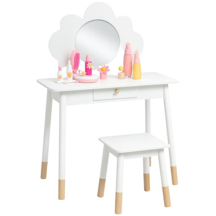 Ensemble coiffeuse pour enfant - AIYAPLAY - 1 tabouret, coiffeuse 2 pièces pour enfants de 3 à 6 ans, miroir forme de nuage -  blanc