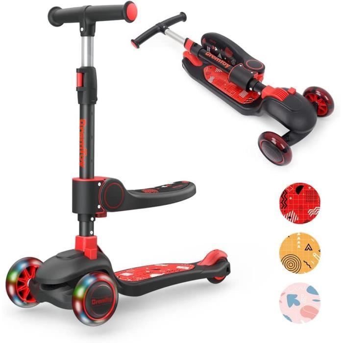 Monopattino a LED per bambini - 3 in 1 - Pieghevole con sedile - Rosso e nero