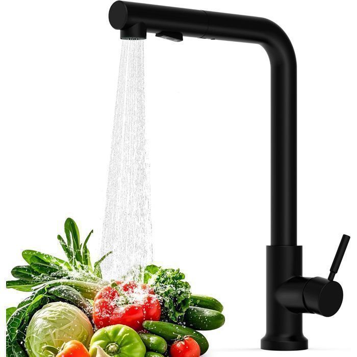 Miscelatore da cucina nero estensibile con doccetta estraibile a 2 modalità di getto, girevole a 360°, acqua calda e fredda.
