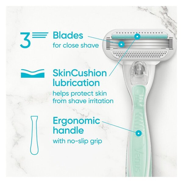 „Gillette Venus Smooth Sensitive“ skutimosi sistema<br>Komplekte yra 2 skustuvo peiliukai