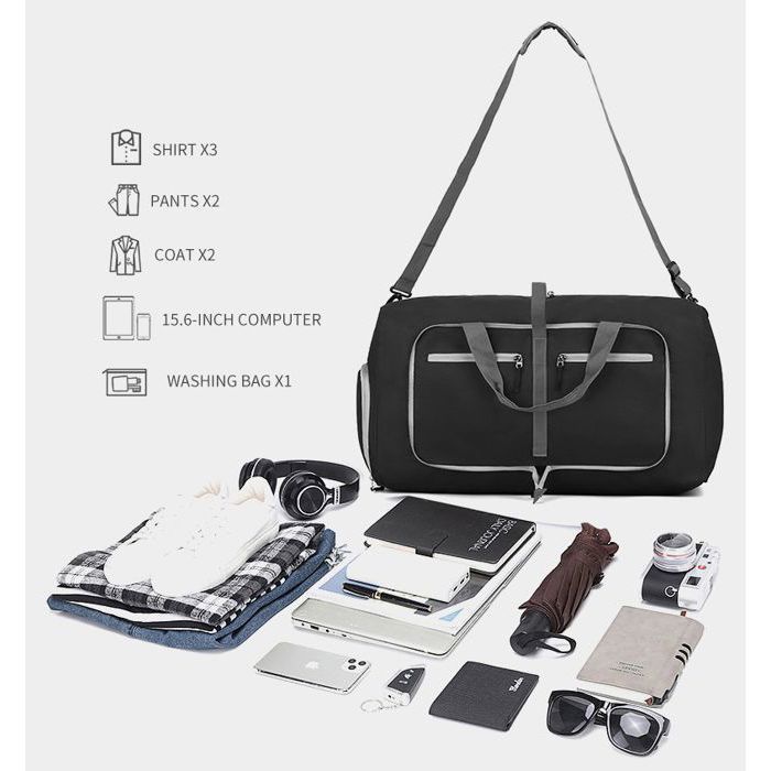 Bolsa de viaje plegable para hombre y mujer, 65 litros, tipo fin de semana, con compartimento para zapatos, impermeable - Negra