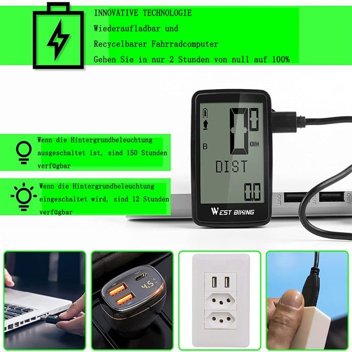 Ciclocomputador recargable por USB, cuentakilómetros, velocímetro, inalámbrico, resistente al agua IPX7.