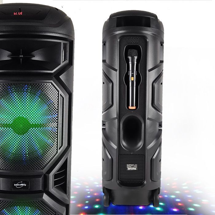 Enceinte SONO DJ BASS sur batterie Lumineuse 800W - Bluetooth, USB, Microphone sans fil, Réglage BASS, 2 Mini Lumières LED