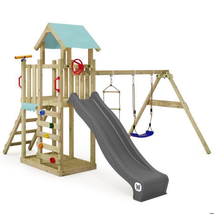 WICKEY MultiFlyer Light houten speeltoren met schommel, touwladder en glijbaan, 220 cm, antraciet – 10 jaar garantie*