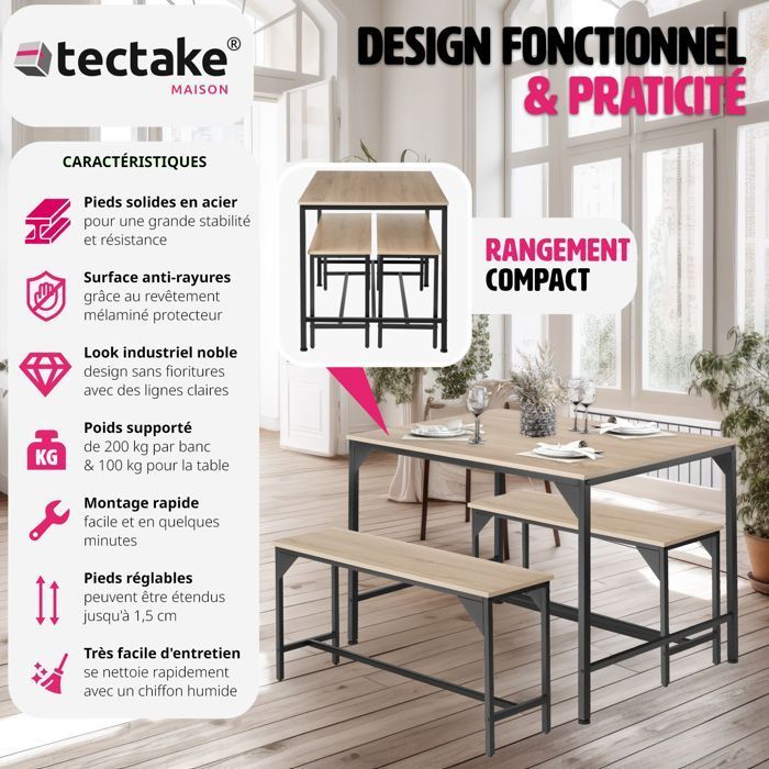 Dining table with benches - TECTAKE - BOLTON dining set with 2 sturdy benches in an industrial style - Light Wood