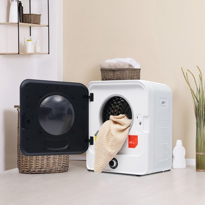Asciugatrice a parete bianca, capacità 4,5 kg, acciaio inox, 830 W, 5 programmi, asciugatura rapida, multifiltrazione, protezione contro il surriscaldamento, bassa rumorosità.