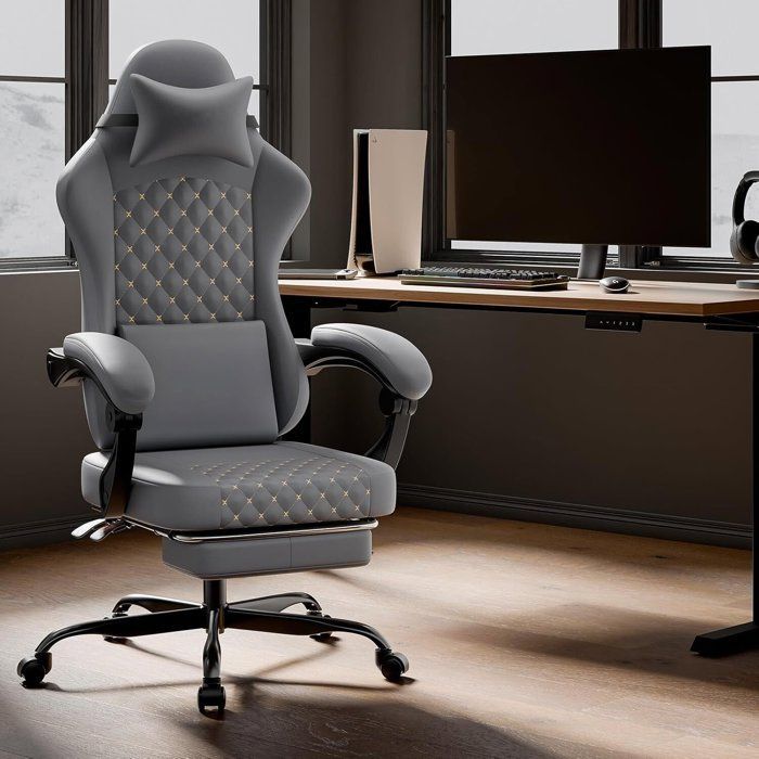 Gaming Chair - Ergonomic Design Gaming Seat - with Cushion, Reclining Backrest, and Headrest - Gray