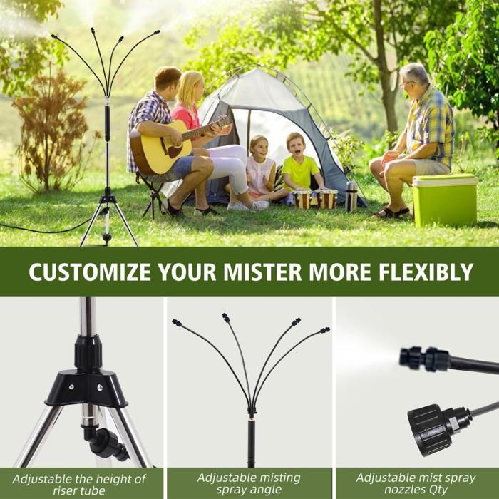 Brumisateur terrasse extérieur sur trépied, refroidissement à eau sans électricité, 4 buses orientables, kit complet 8M
