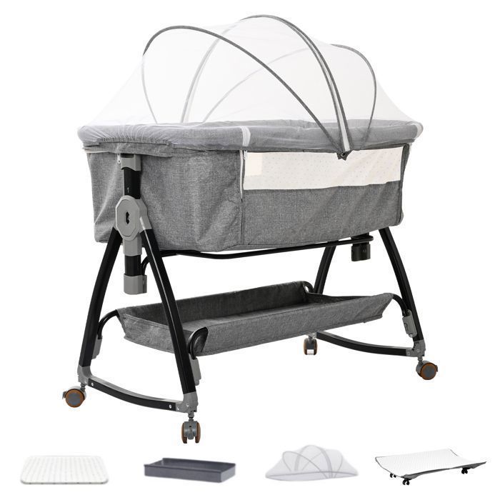 Babybedje met matras en klamboe, aankleedtafel, schommel- en ligstand, 6 verstelbare hoogtes, voor 0-18 maanden - Grijs