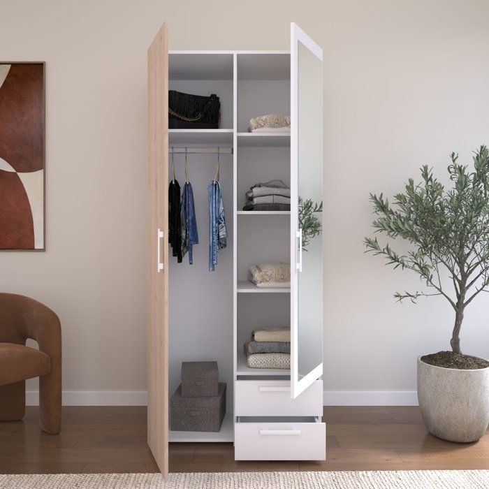 Armario VARIA - Acabado en roble y blanco - 2 puertas - Espejo - Ancho 80,7 x Profundidad 51,7 x Alto 185 cm - PARISOT