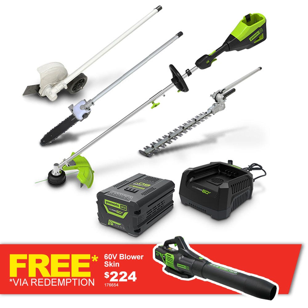 Kit de ferramentas multifuncionais GREENWORKS 60V, 1 x 4,0 Ah, para motosserra de poda, aparador de sebes e aparador de bordas TTKIT906