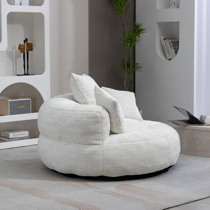 Pouf poire 2 places en chenille Beige 108×108×52 cm avec 3 coussins — canapé lazy pour salon et chambre