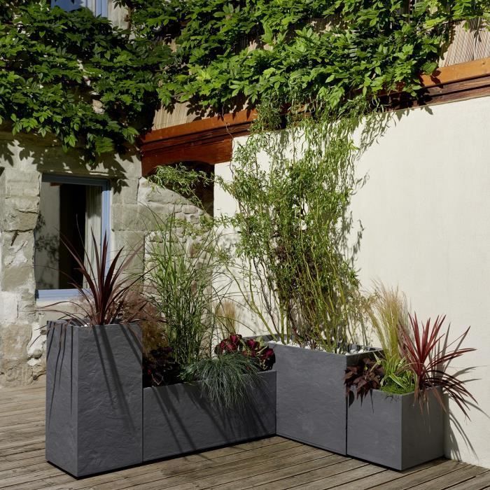 Vaso de plantas - EDA - Volcania - 98 L - Interior/Exterior - Acabamento em pedra - 99,5 x 39 x A. 43 cm - Cinza antracite