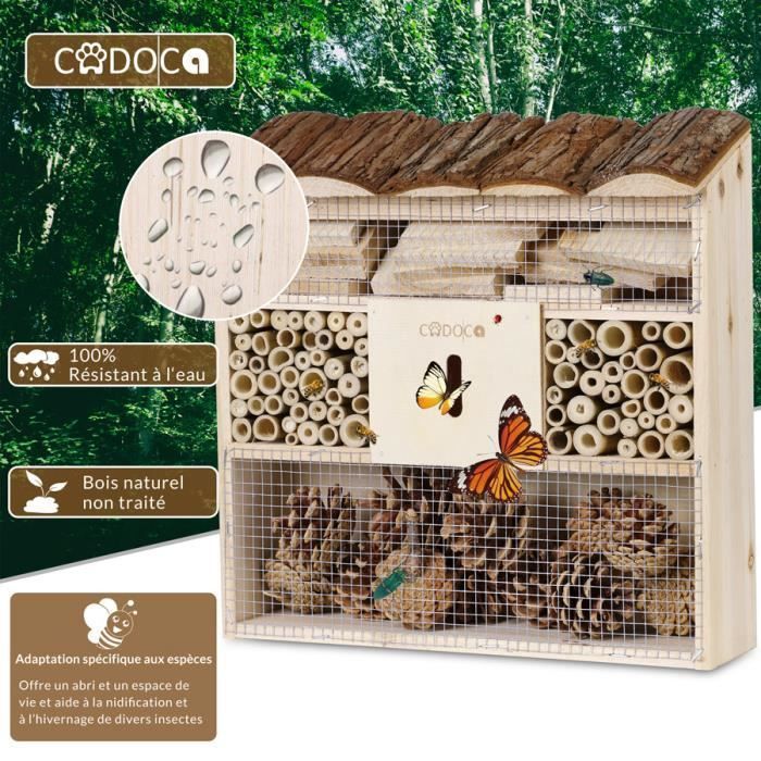 CADOCA® Insectenhotel van natuurlijk hout, 30,5 x 31 cm, klein huisje/bijennestkast voor overwintering, bestuiving en biodiversiteit