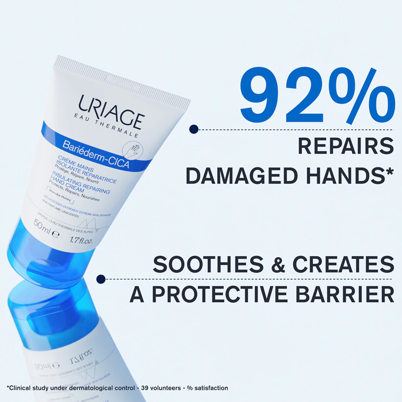 Uriage Bariéderm Cica Insulating Repairing Hand Cream, een beschermende en regenererende handcrème.