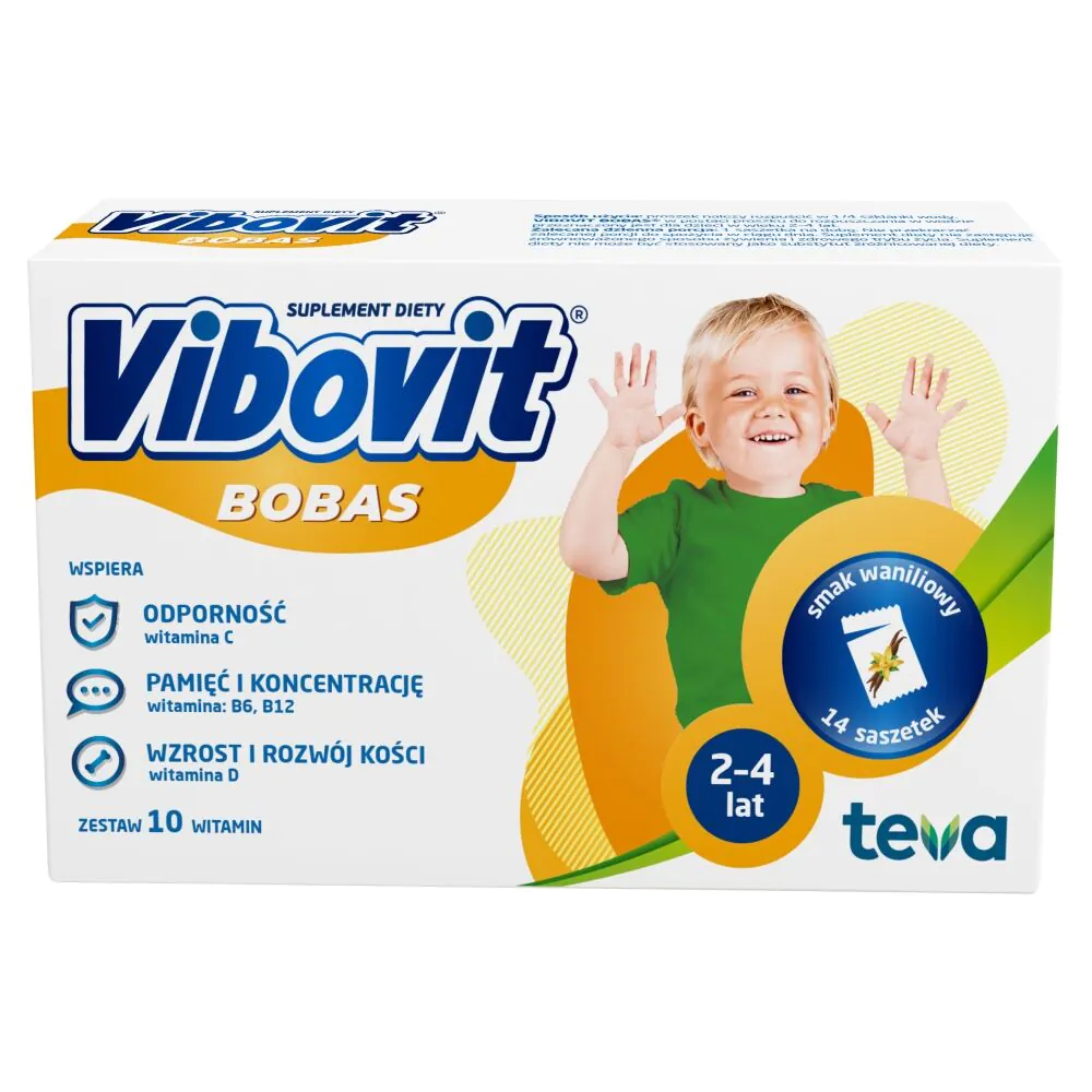 Vibovit Bobas, Zestaw witamin dla dzieci w wieku od 2 do 4 lat, Smak waniliowy, Saszetki