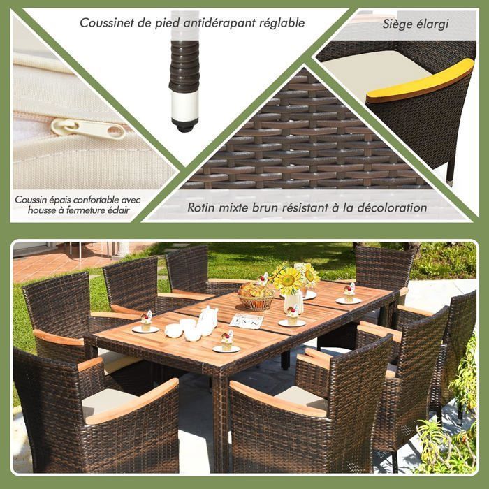 COSTWAY 8-Seater Rattan Garden Furniture Set, 1 Table and 8 Stackable Acacia Wood Chairs, Removable Cushions, Black