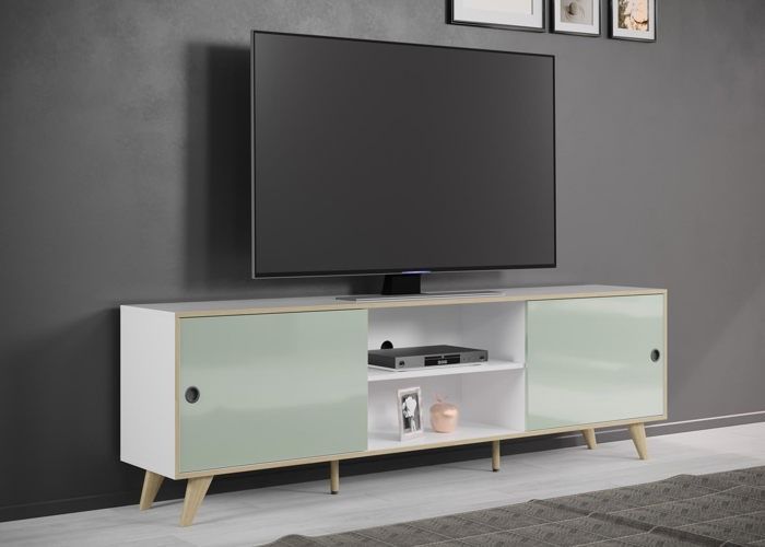 Mobile porta TV Melanie con 2 ante e 2 ripiani, bianco, verde e legno naturale.