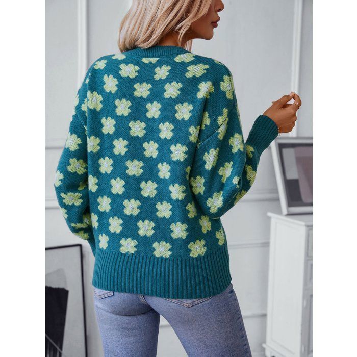 Jersey de mujer – Jacquard floral – Cuello en V – Manga larga – Otoño/Invierno – Talla europea – Azul