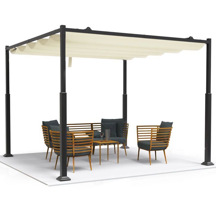 VOUNOT® Pergola rétractable 3x3m en metal et toile polyester haute densite 180 g/m² beige