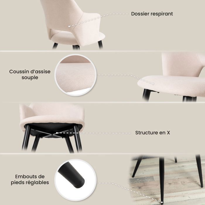 COSY FURNITURE Juego de 2 sillas de comedor - Asiento de tela beige, patas de metal negro - Estilo escandinavo - para cocina u oficina