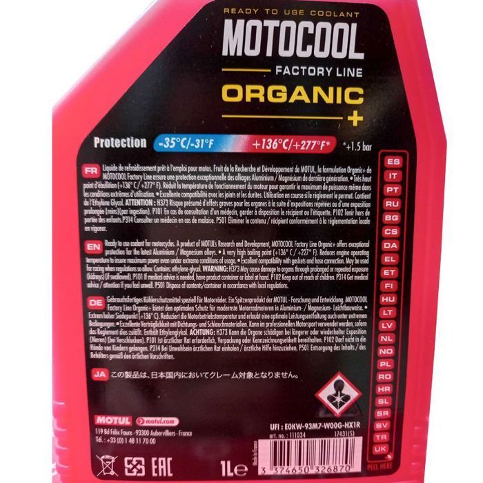 Refrigerante orgánico rojo para motocicletas Motul Motocool Factory Line + 1L