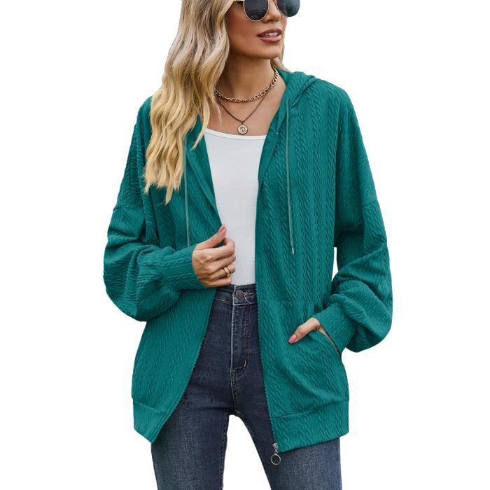 Sweat À Capuche Femme - INSFITY - Couleur Unie - Poches Zippées - Vert fonce