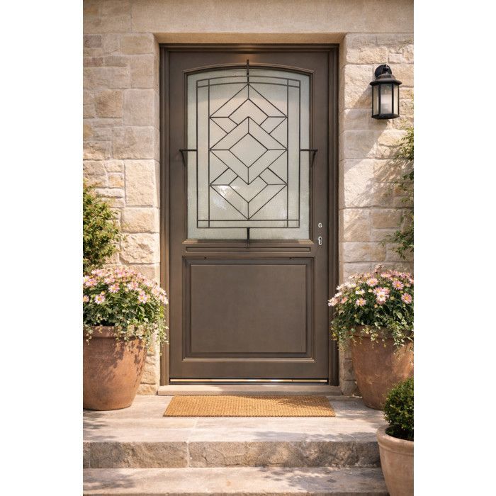 Puerta de entrada de madera Elodie Quartz Grey con cristal, 215 cm de alto x 90 cm de ancho, lado izquierdo.