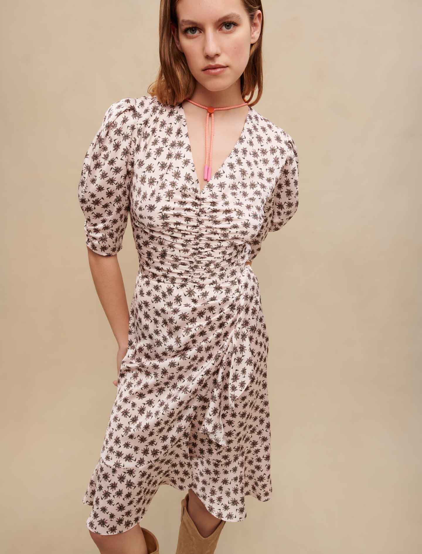 Jurk met palmprint - Mini palmier rose