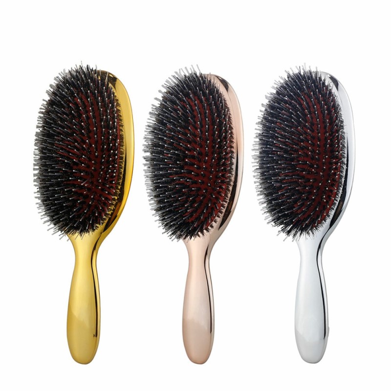 Boar Bristles Paddle Hair Brush Massage Comb Anti Static Electroplate Oval Brush Comb Hair Scalp Care Tool