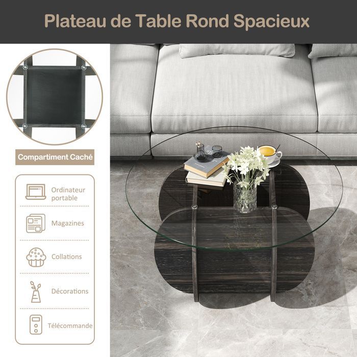 Mesa de centro redonda de 89 cm COSTWAY, tablero de cristal templado, base de madera maciza, compartimento de almacenamiento oculto, capacidad de carga de 100 kg.
