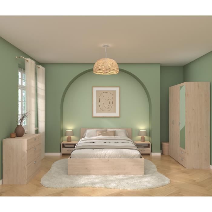 VARIA Complete Adult Bedroom Set - 140x190/200 Bed + 2 Bedside Tables + 1 Chest of Drawers + 1 Wardrobe with Mirror - Oak Finish - PARISOT