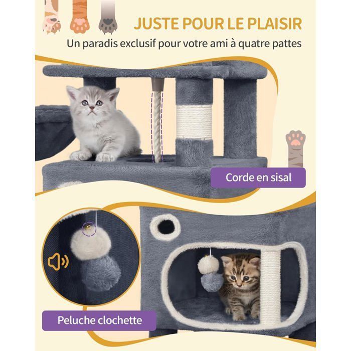Arbre à Chat Hauteur 159 cm, Tour de Jeux pour Chat avec 8 Griffoirs, 3 Plateformes, 2 Niches, Panier, Pompons, Gris Foncé