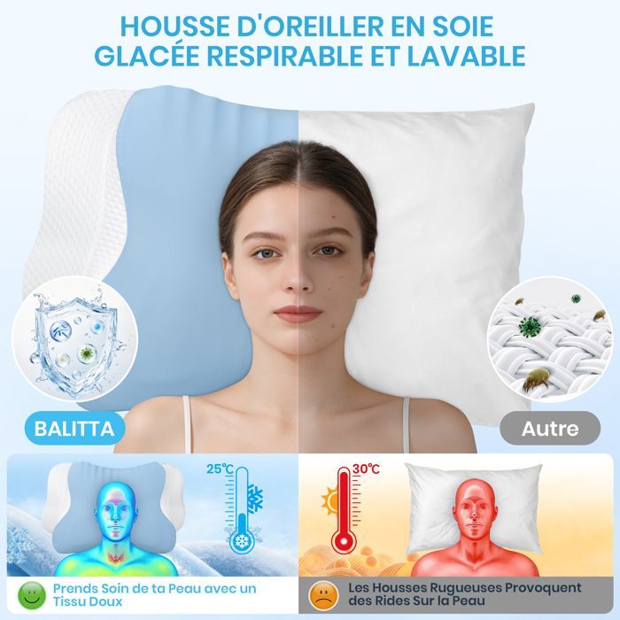 Oreiller Ergonomique Cervical , Oreiller Memoire Forme pour la Nuque Taie d'oreiller en soie glacée , 62 x 37.3 x 14.4/9cm , Bleu