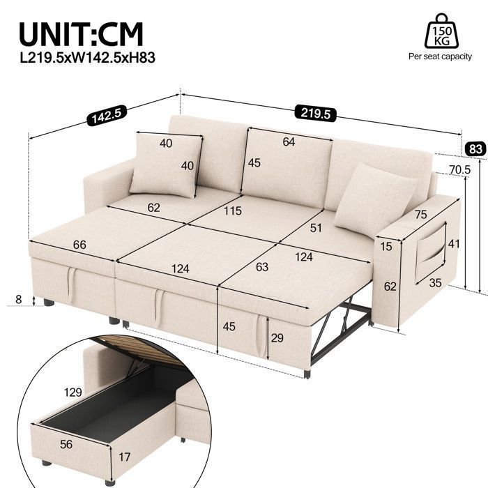 Sofá cama esquinero reversible de 3 plazas, tejido de lino, L219, sofá convertible con compartimento de almacenamiento, sofá en forma de L, beige