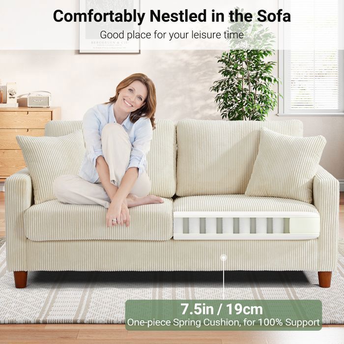 Sofá de 2/3 plazas en pana beige, estilo escandinavo, con 2 cojines y 2 almohadas para salón, 178×76×84cm