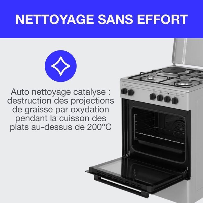 Cuisinière mixte CONTINENTAL EDISON CECM60FCS - 3 feux gaz + 1 électrique - L59,8 x P61 xH83 cm - Silver