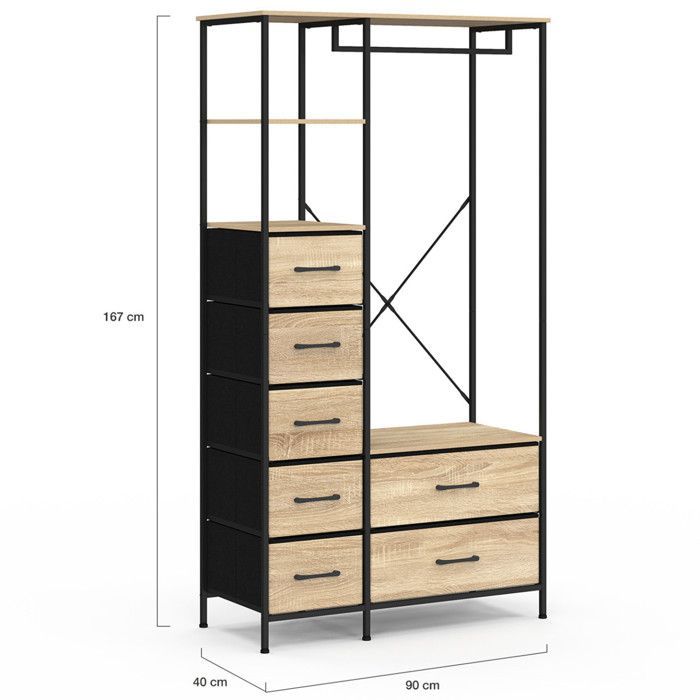 IDMARKET Dressing penderie + colonne L. 90 cm UTAH avec 1 étagère et 7 bacs en tissu bois et noir