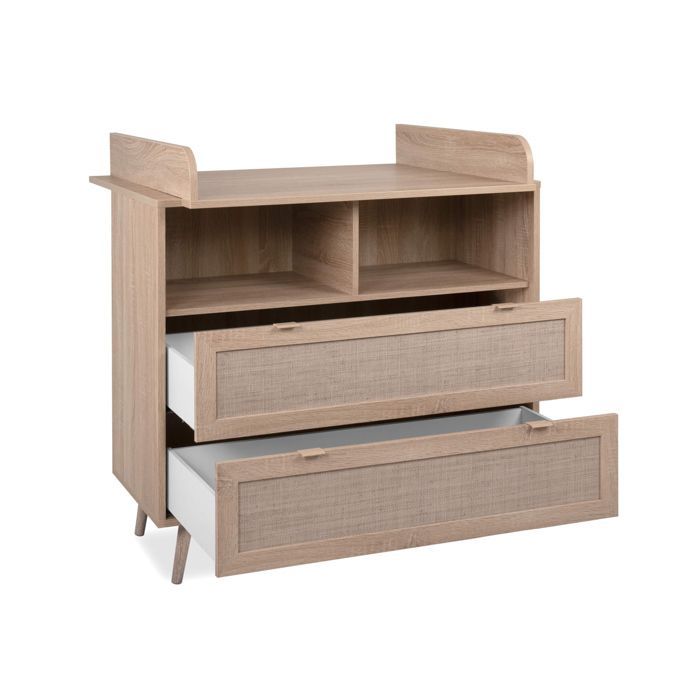 Verschoontafel met 2 lades in naturel hout met rieten look - CO7085 - Naturel hout - Terre de Nuit