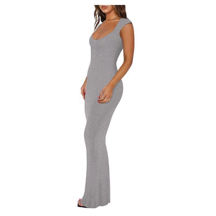 Robe longue maternité & allaitement grise côtelée REORIA - décolleté carré, manches papillon XS