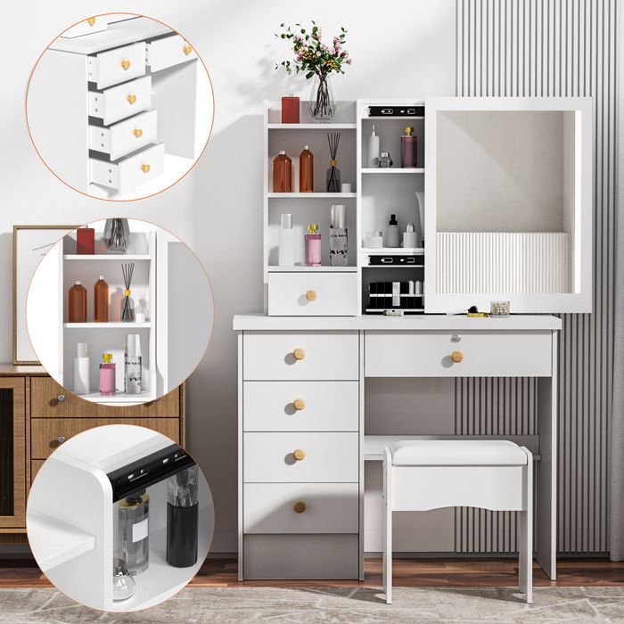 Schminktisch mit Spiegel und Hocker, 6 Schubladen, weiß, 80 (L) x 37 (B) x 122 (H) cm