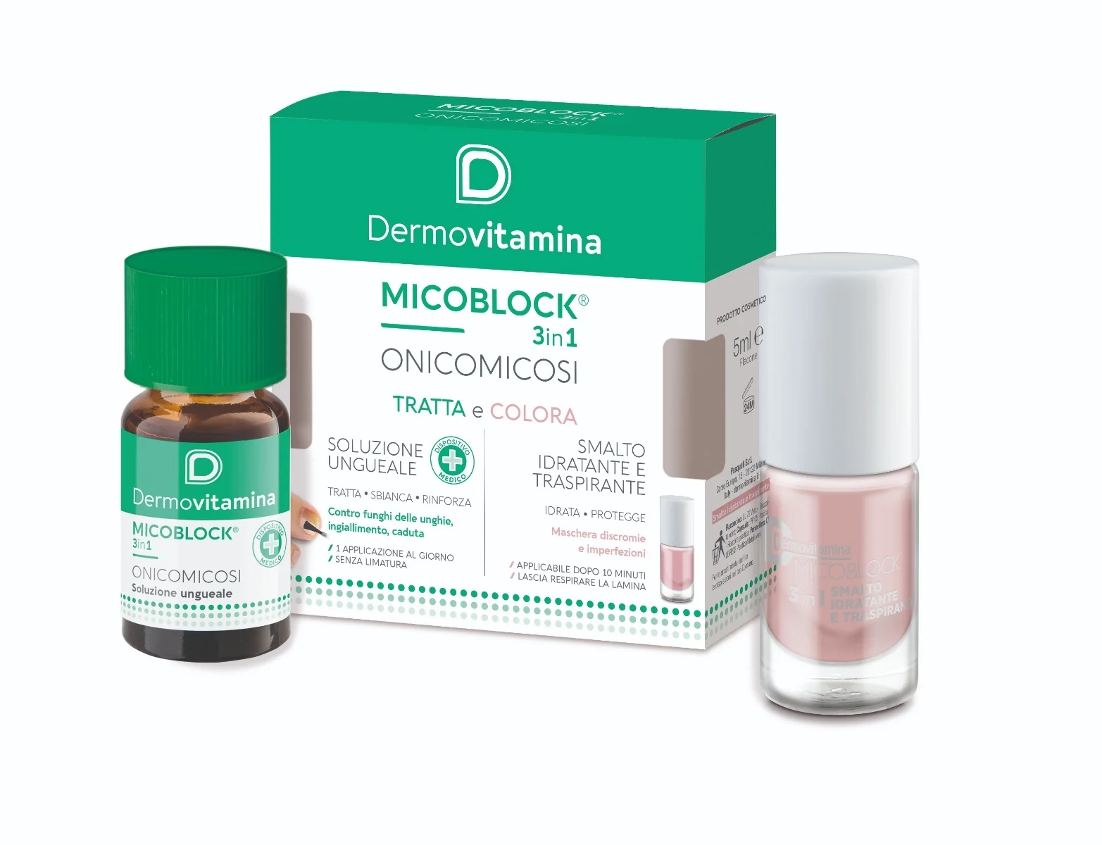 DERMOVITAMINA Dermovitamina Micoblock 3-in-1 behandeling en kleuring 7 ml nageloplossing + 5 ml hydraterende nagellak behandeling van onychomycose (nagelschimmel)
