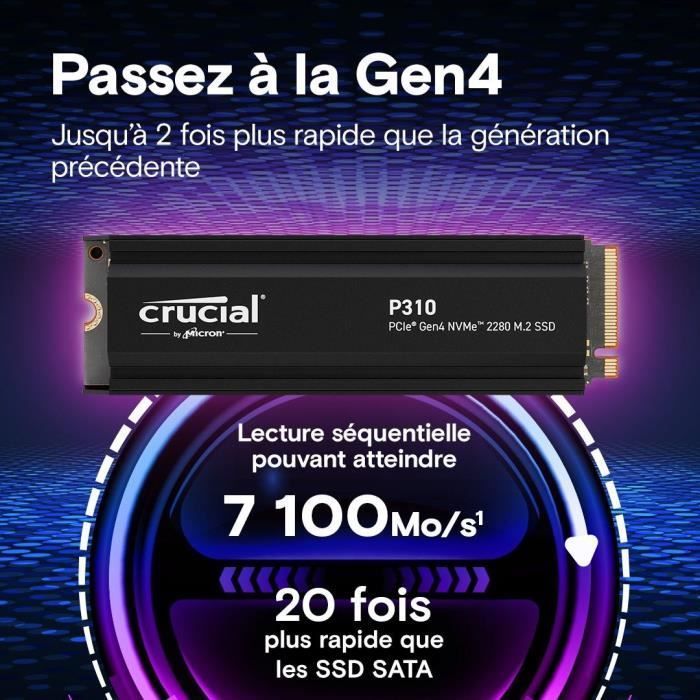 CRUCIAL - P310 - SSD interne - 4 To - PCIe Gen4 NVMe M.2 - Avec dissipateur - Vitesse lecture Jusqu'à 7100 Mo/s - CT4000P310SSD5