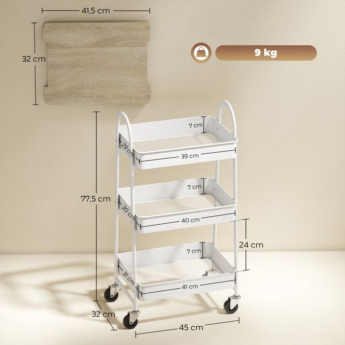 Desserte cuisine - HOMCOM - 3 niveaux, avec plateau supérieur, paniers en maille, poignées - 45 x 32 x 77,5 cm - chêne